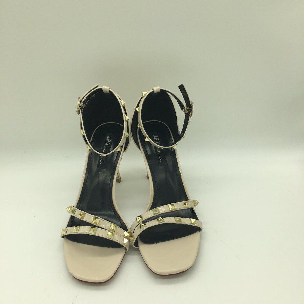 Nude Women Sandals Open Toe Stacked Mid Heel Strappy Rivets Shoes